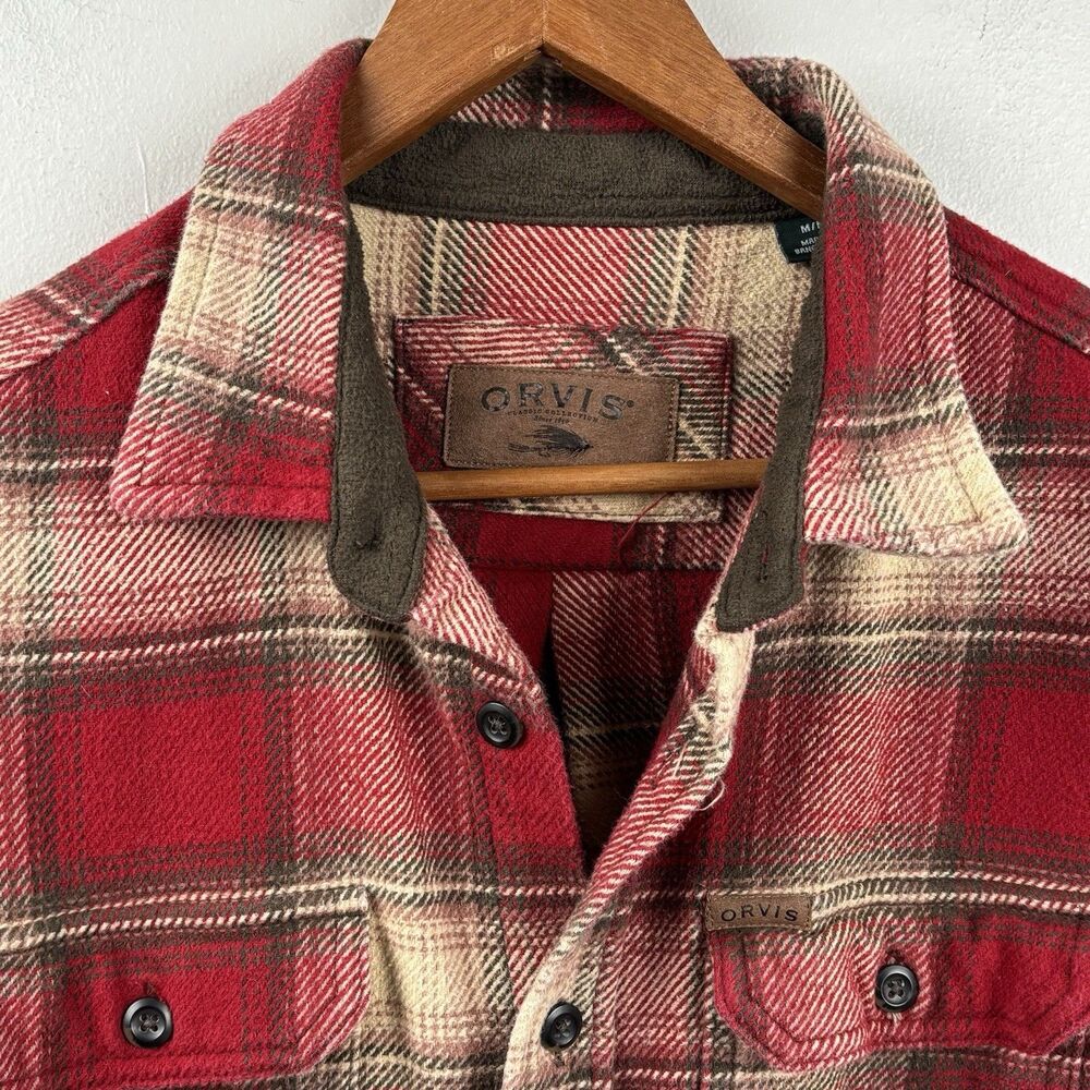 Orvis Men’s Medium Shacket Long Sleeve Shirt Red Beige Pocket Button Up Heavy - Picture 10 of 13